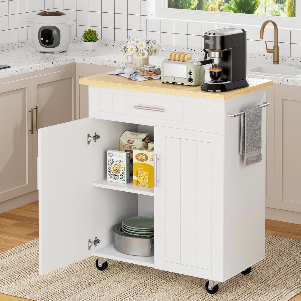 Kitchen Island Table Stand with Storage on Wheels,Rolling Kitchen Cart Storage Cabinet with Drawer,White