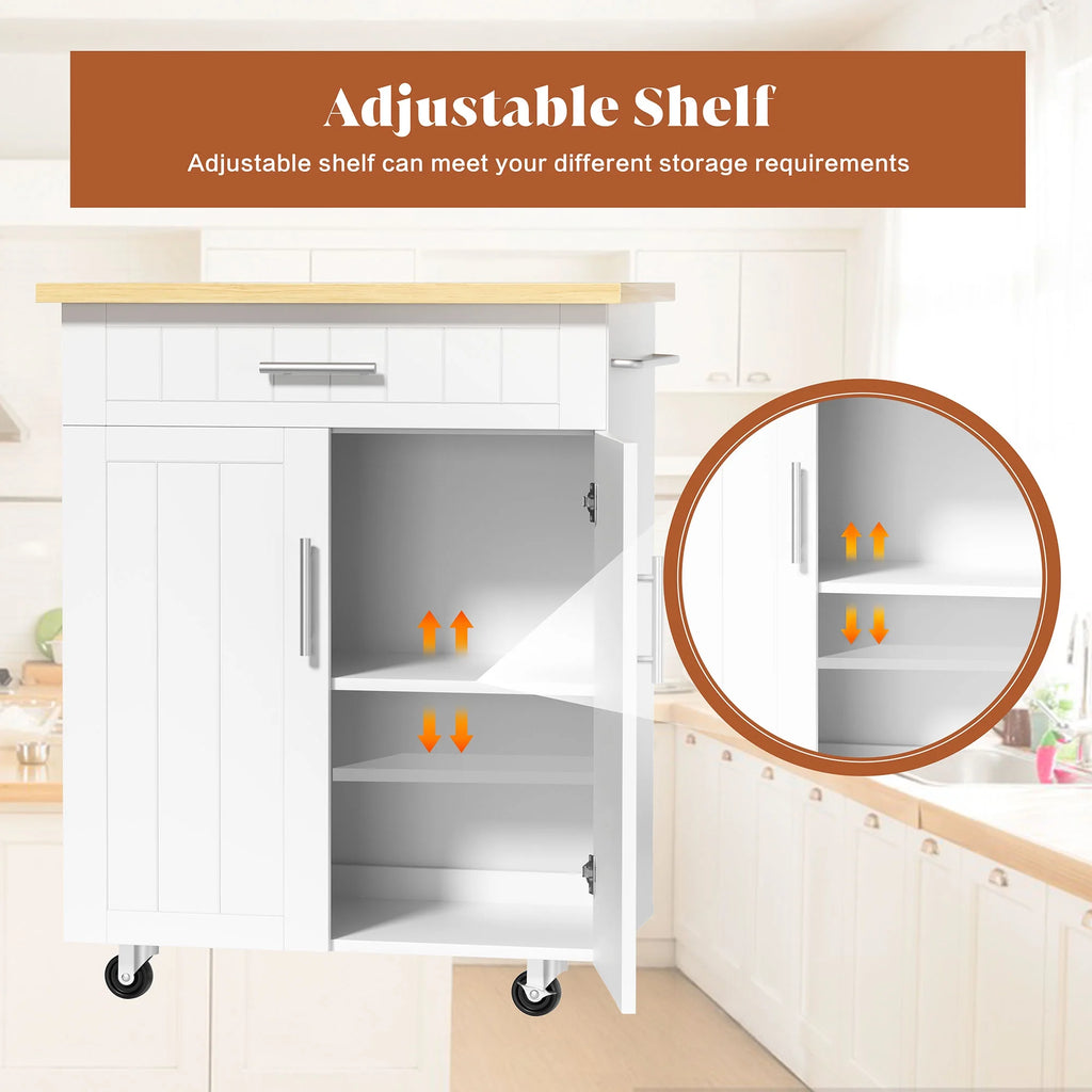 Kitchen Island Table Stand with Storage on Wheels,Rolling Kitchen Cart Storage Cabinet with Drawer,White