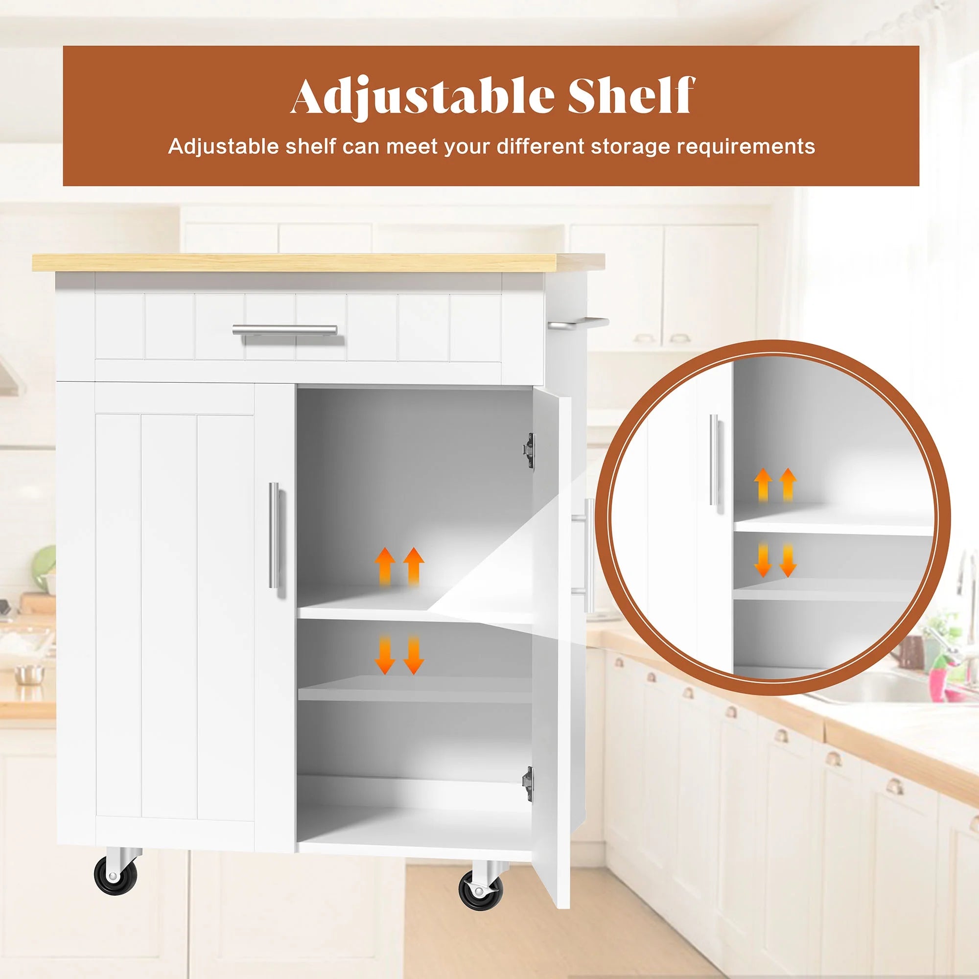 Kitchen Island Table Stand with Storage on Wheels,Rolling Kitchen Cart Storage Cabinet with Drawer,White