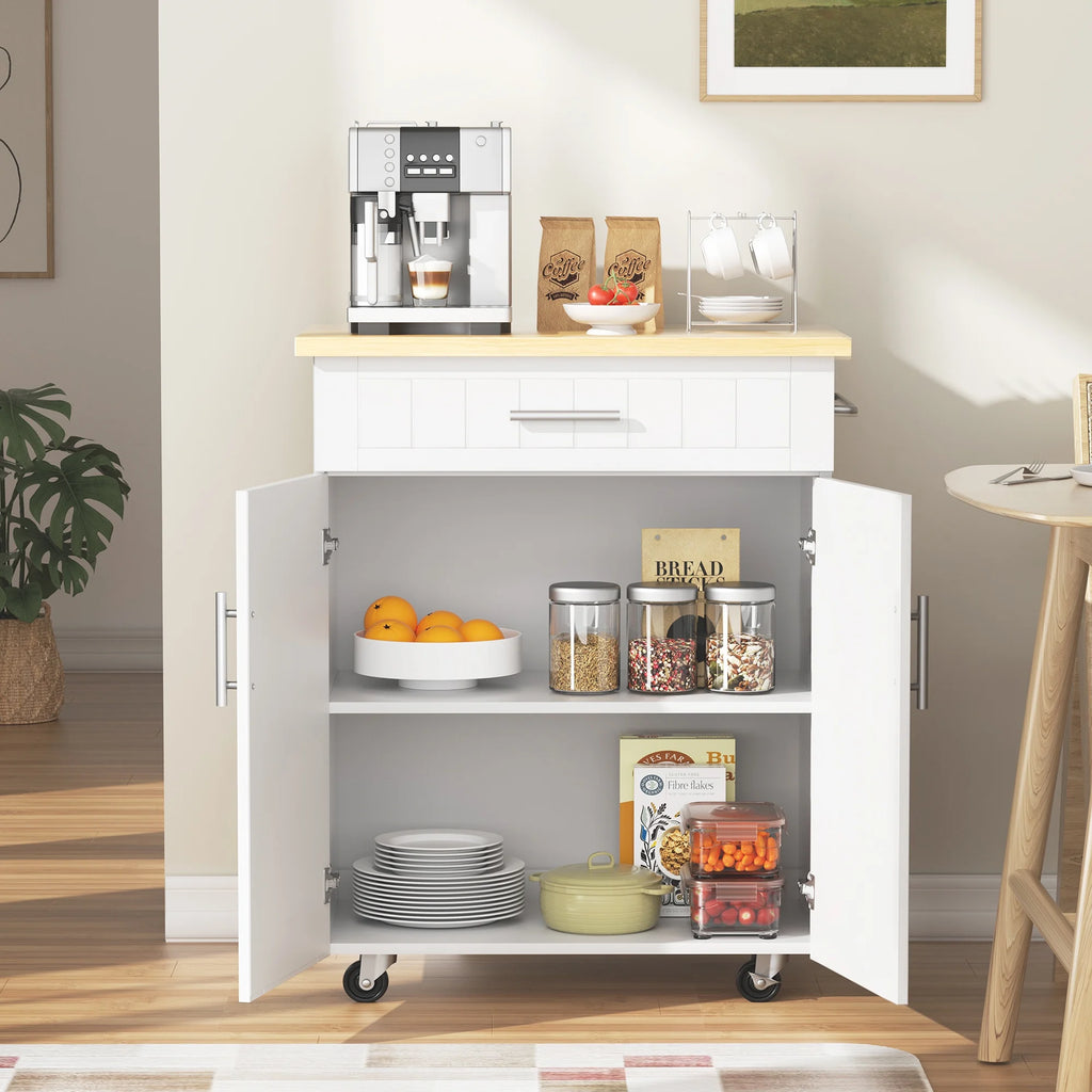 Kitchen Island Table Stand with Storage on Wheels,Rolling Kitchen Cart Storage Cabinet with Drawer,White
