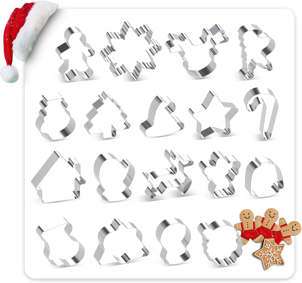18 Pcs Christmas Cookie Cutter Set, Stainless Steel Metal Biscuit Molds, Xmas Holiday Dough and Cookie Cutter for Party Baking Gingerbread Santa Snowflake Cane Trees Snowman Stocking Reindeer Shape