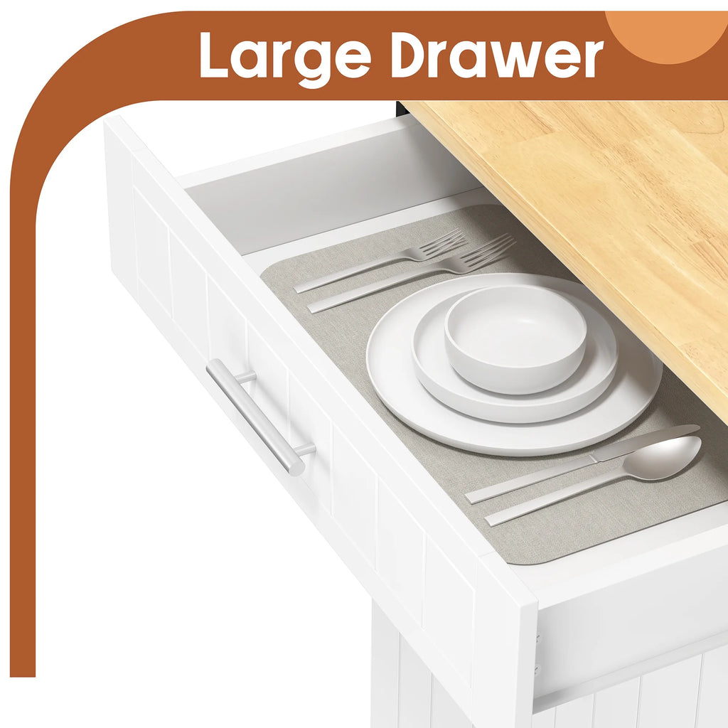 Kitchen Island Table Stand with Storage on Wheels,Rolling Kitchen Cart Storage Cabinet with Drawer,White